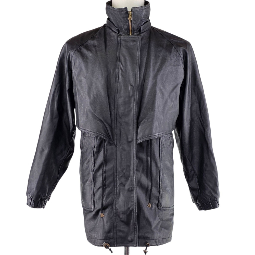 Vintage Prestige Leather Jacket Mens M Black 80s Moto Trench Coat 100% Leather